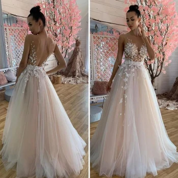 ZJ6022 Сексуальное иллюзионное свадебное платье с кружевными аппликациями из тюля 2023, розовое, трапециевидное, с открытыми плечами, свадебное платье без спинки