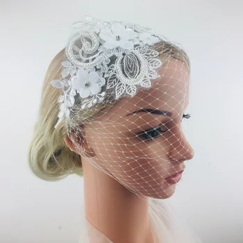 Белая маска для лица с аппликацией для невесты, головные уборы, сетчатая фата в виде птичьей клетки, Элегантные свадебные аксессуары для волос с жемчужным цветком, лента для волос