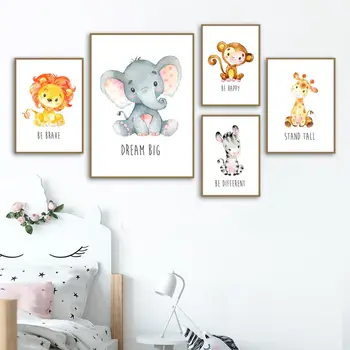 Мультяшный Лев, обезьяна, Слон, Жираф, плакат и принты для детского сада, настенная живопись в скандинавском стиле, украшение детской комнаты