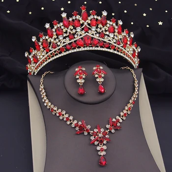 Наборы свадебных украшений из красного хрусталя для женщин, Роскошные диадемы, серьги, Свадебный набор, Корона для дня рождения, ожерелье невесты, Комплект ювелирных изделий из Дубая